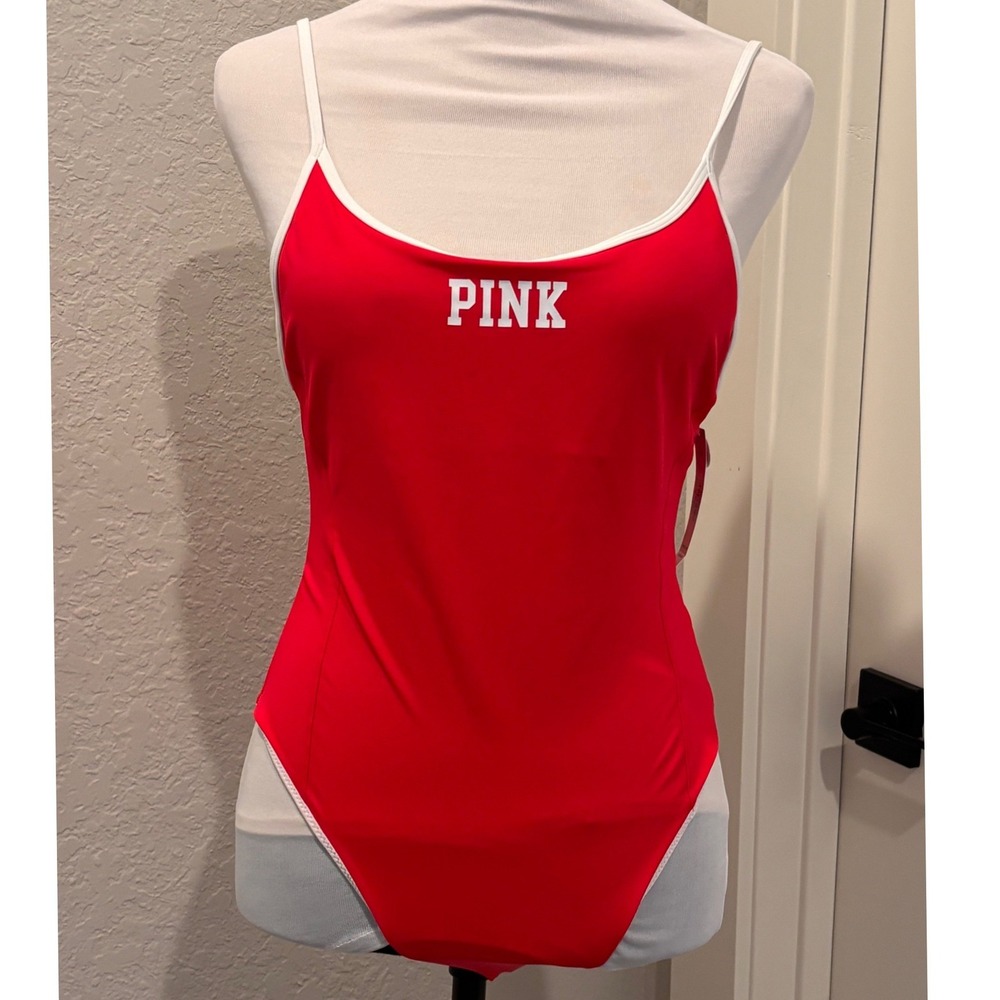 PINK Victoria's Secret One Piece Swimsuit Womens Small Red Brazilian Logo Scoop - Picture 2 of 8